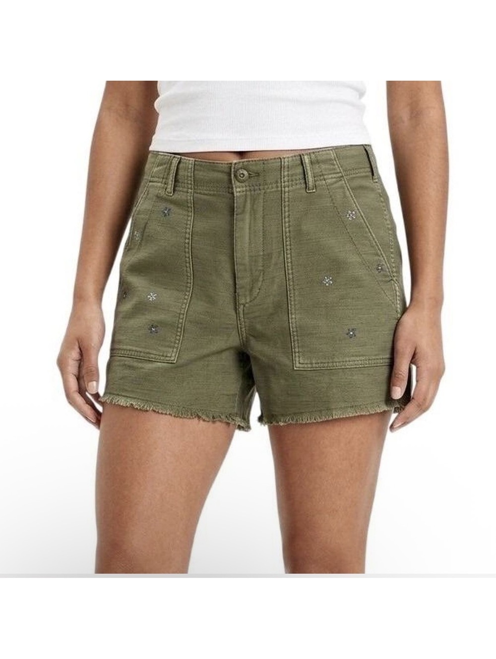 American Eagle Embroidered Utility Shorts Womens 18 Olive Green Cutoff Stretch